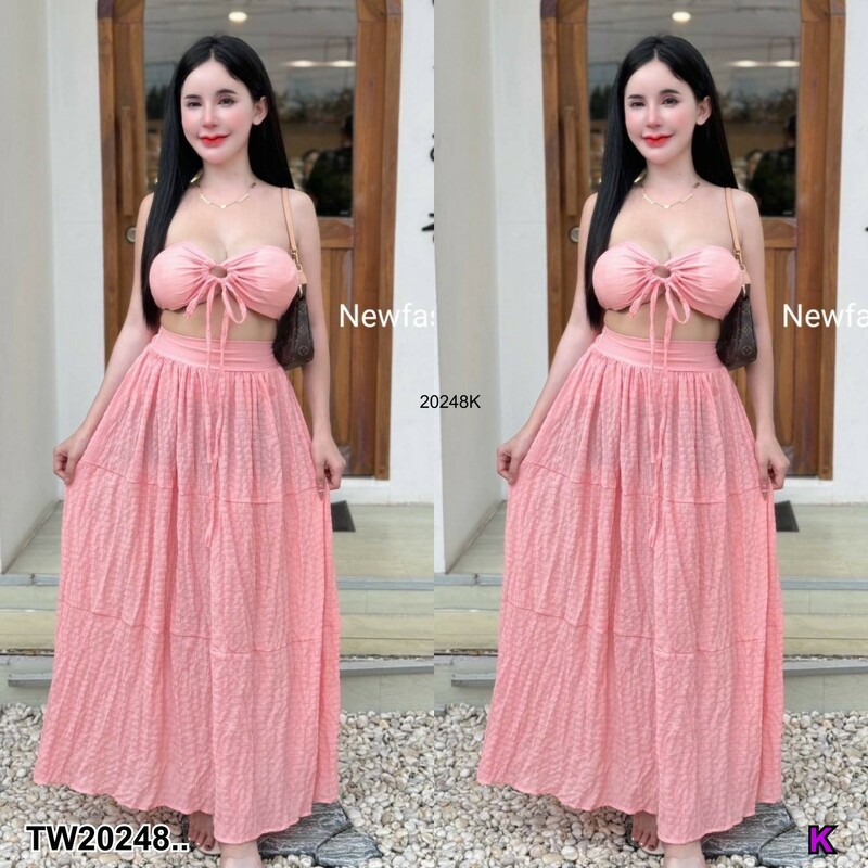 kudapy Set 2 ชิ้น เสื้อเสริมฟองน้ำ ผูกเชือกด้านหน้า + กระโปรงยาว เดรสเที่ยวทะเล