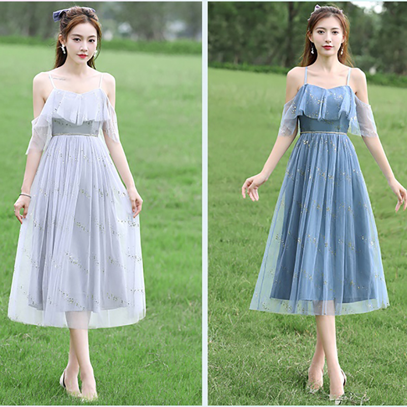 kudapy ชุดราตรีออกงานคลุมเข่า สายเดี่ยวเปิดไหล่ ติดเลื่อมวงกลมสีทองทั้งชุด