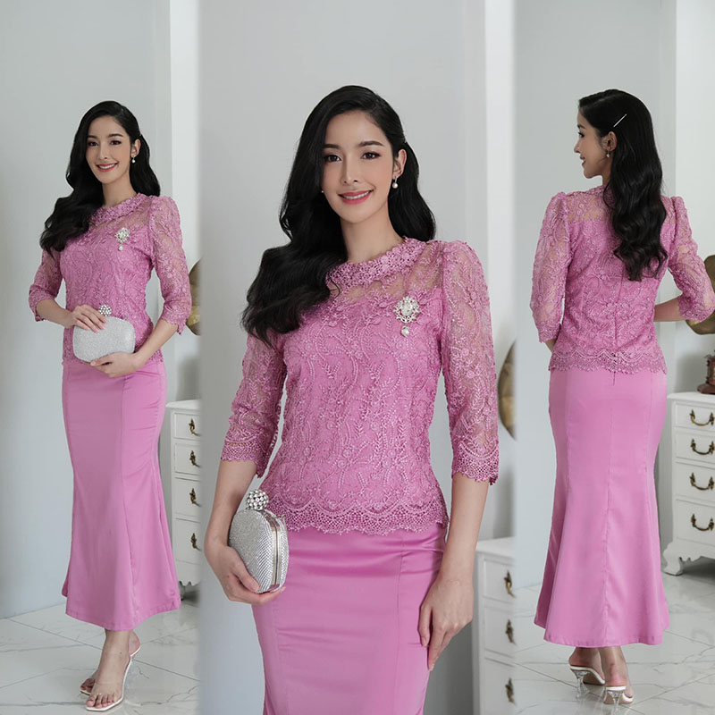 kudapy set เสื้อลูกไม้สีเขียวมินท์/สีชมพูกลีบบัว ผ้าลูกไม้ใยบวบ+กระหางปลางานผ้าวาเลนติดโน่