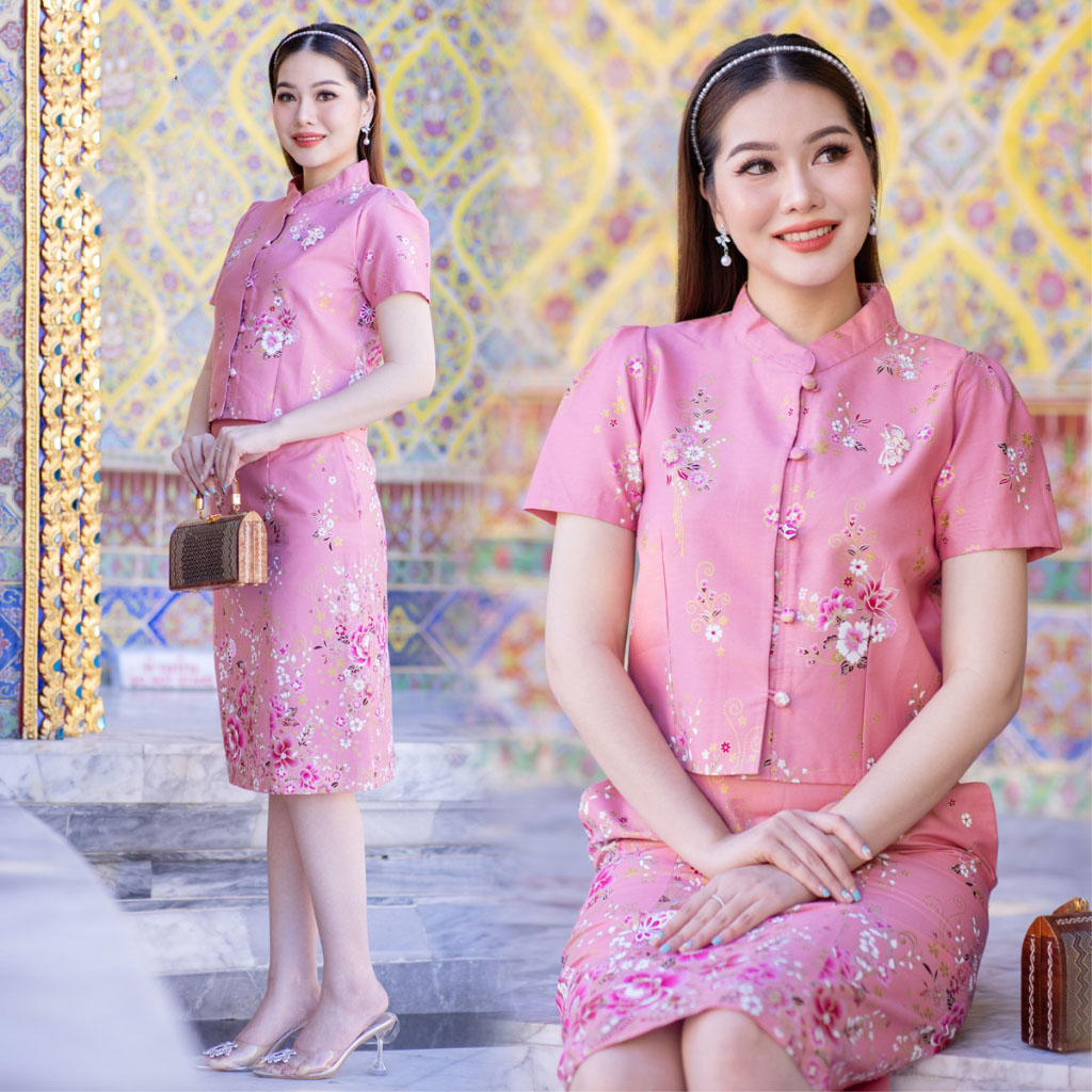 kudapy เซ็ทเสื้อกระโปรงสีชมพู งานอัดกาว แขนสั้น ผ้าปาเต๊ะคอตตอนสีไม่ซีด ลายดอก ใส่ออกงานสวยดูดี