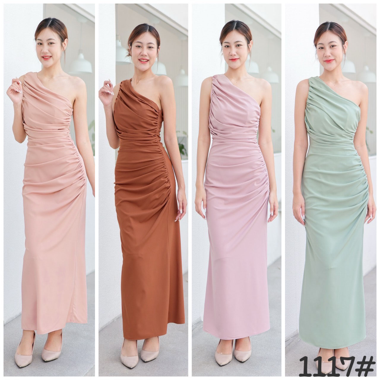 kudapy เดรสยาวออกงาน ไหล่เดี่ยว จับจีบย่น เข้ารูป เนื้อผ้าชีฟองหนา มีซับในทั้งตัว