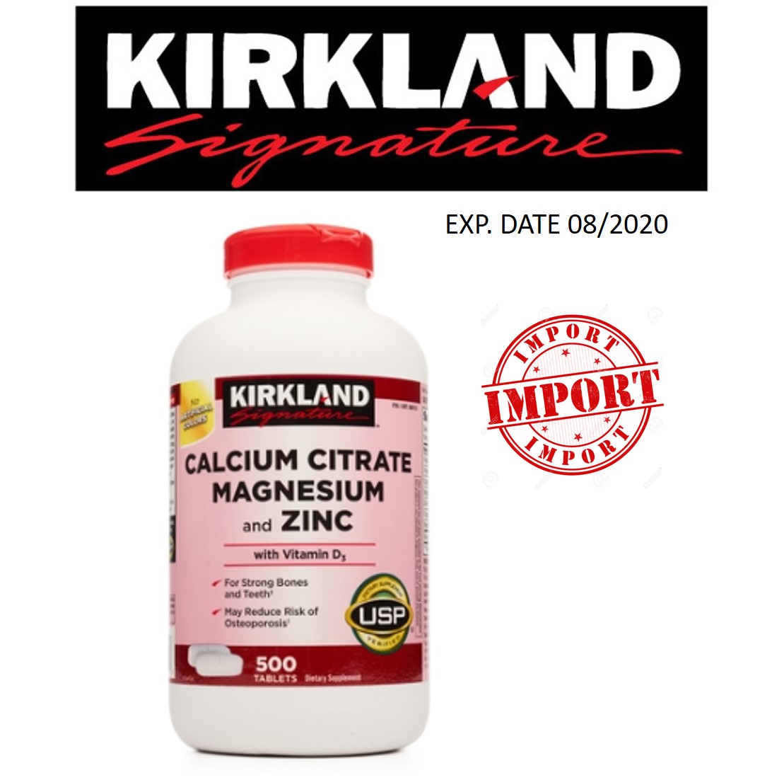 Kirkland Calcium Citrate Magnesium and Zinc with Vitamin D3 500 Tablets แคลเซียม แมกเนเซียม และซิงค์ บวกวิตามิน D3 ขนาดใหม่ 500 เม็ด เสริมสร้างกระดูกและฟัน