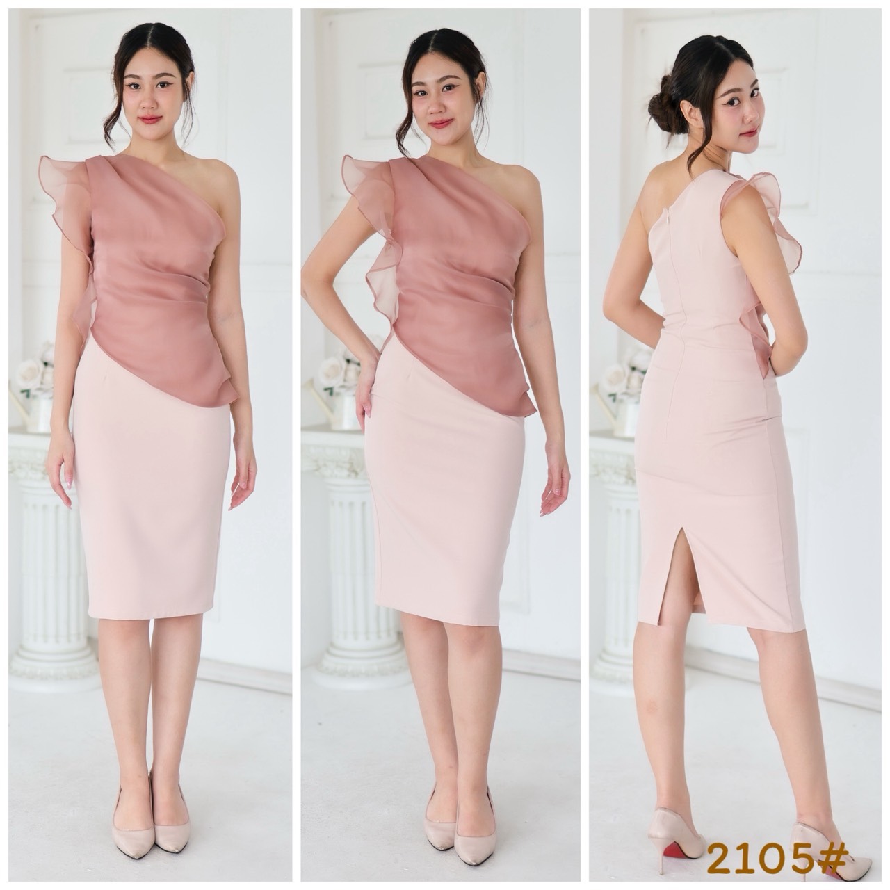 kudapy เดรสออกงานผ้าแก้ว ไหล่เดี่ยว สวยละมุนม เนื้อผ้าแก้ว สวยหวาน มีซับในทั้งตัว