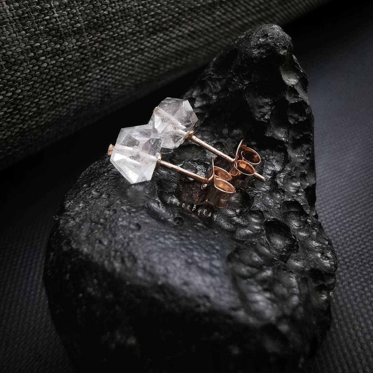 ต่างหูเงินชุบพิ้งโกลด์หินเฮอร์คิเมอร์ไดม่อน Herkimer Diamond