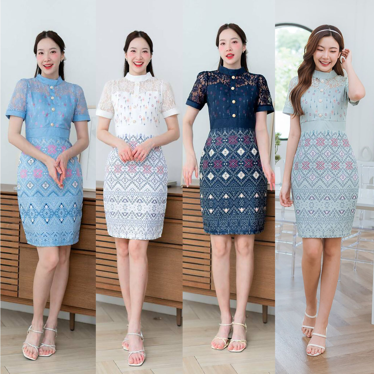 kudapy เดรสสั้นสีเขียว/สีกรม ลายไทยแขนลูกไม้ งานผ้าอัดลายไทย ทรงสวย เข้ารูป เป็นงานซิปซ่อนหลัง แต่งแขนผ้าระบายลูกไม้