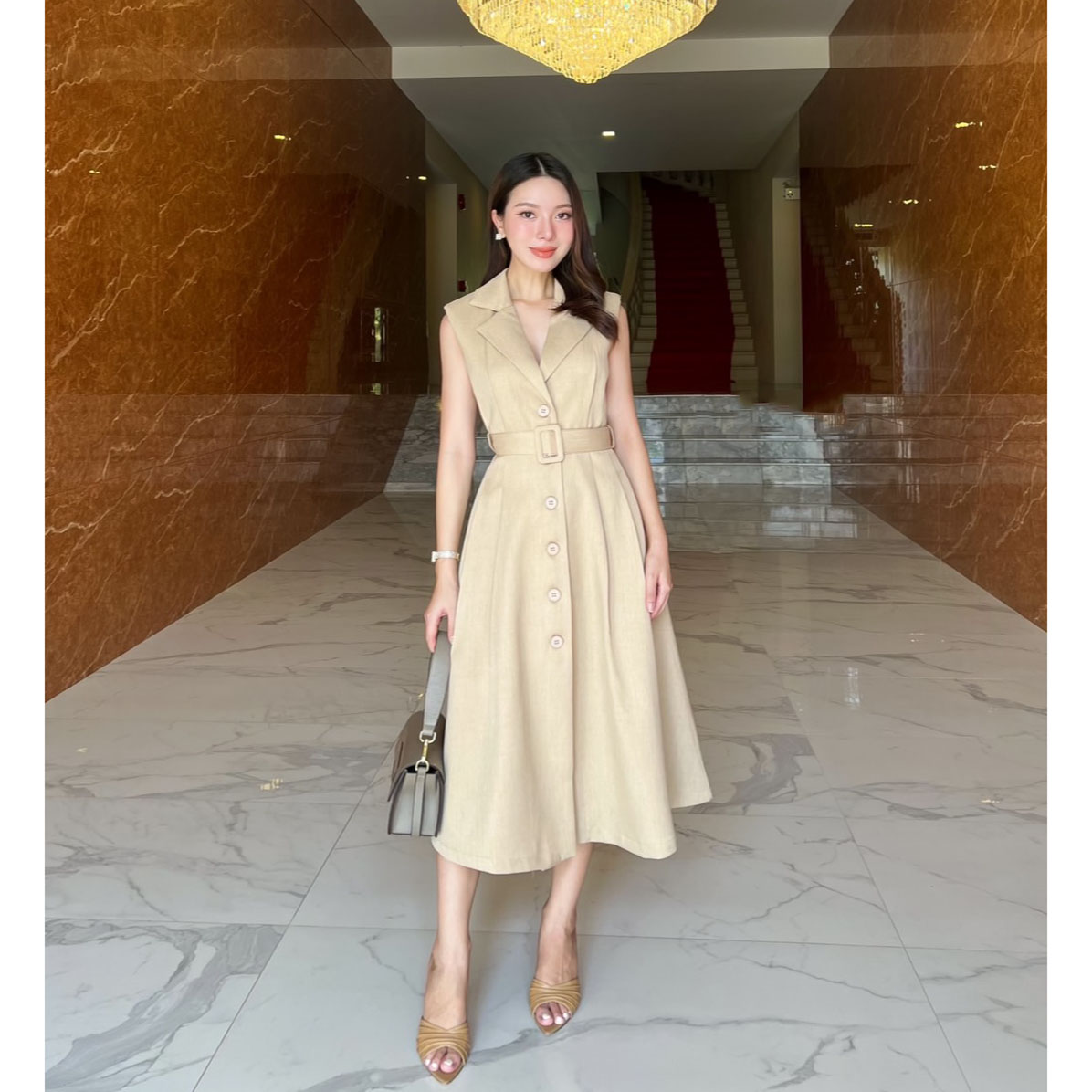 kudapy เดรสยาวสีชมพู/สีครีม สูททรงสวยคลาสสิค ผ้านุ่มใส่สบาย เดรสมีซับในทั้งตัว กระดุมจริง