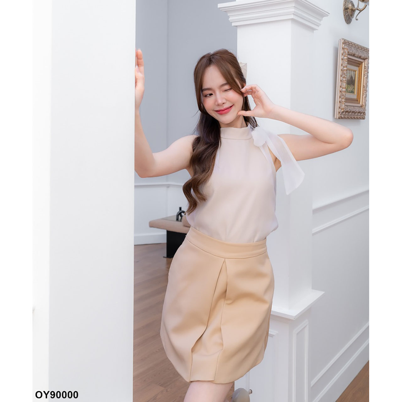 kudapy เซ็ทเสื้อผูกคอ แขนกุด ผ้าเบาลายผ้ามุ่งเบาบางคอกลม+กระโปรงกางเกงขาสั้น ใส่สบายสวยดูดี