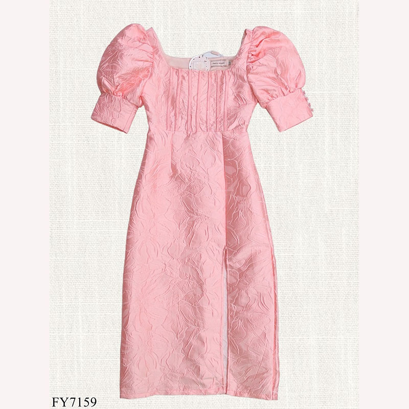 kudapy เดรสยาวสีชมพู/สีแดง/สีเหลือง ผ่าหน้าแขนตุ๊กตา สวยดูดีใส่สบาย