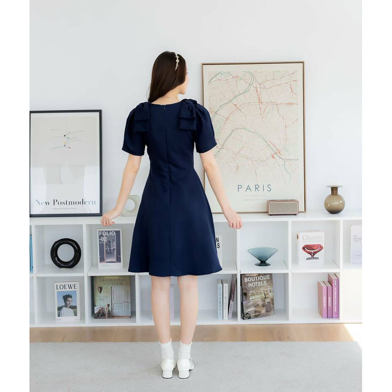 kudapy เดรสสั้นสีม่วง/สีชมพู/สีกรม ผ้าพื้นกระโปรงบานโบว์ไหล่