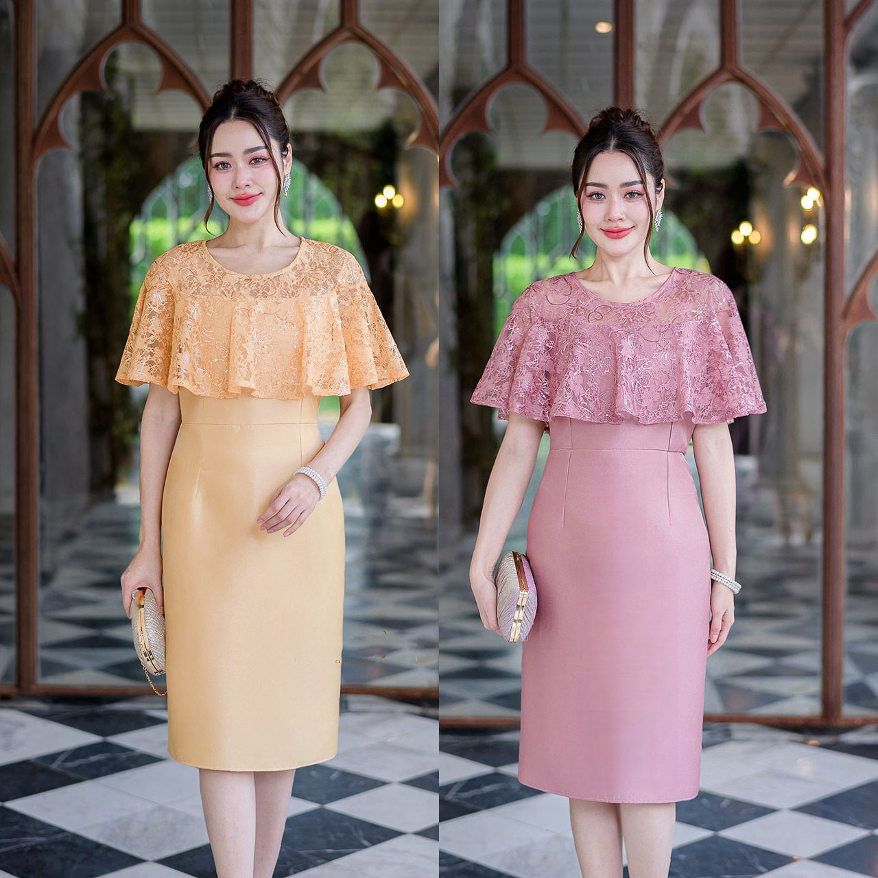kudapy เดรสสั้นสีเหลืองทอง/สีชมพุกะปิ ผ้าไหมสไตล์คลุมไหล่ เดรสเป็นผ้าไหมญี่ปุ่นทรงเอวต่อผ้าไหมอัดกาวให้ทั้งชุด