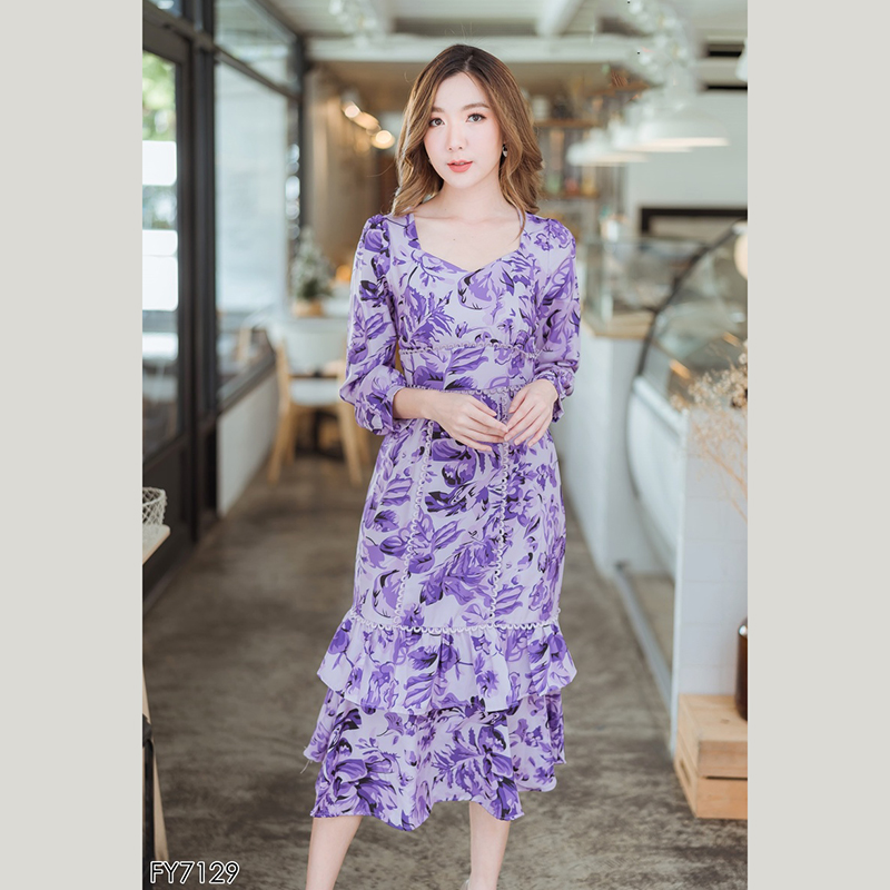 kudapyเดรสสั้นสีชมพู/ม่วง แขนยาวลายดอกไม้สวยดูดีน่ารัมากๆ