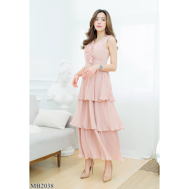 kudapy เดรสยาวสีชมพู/สีขาว แขนกุดกระโปรงพีท 3 ชั้น