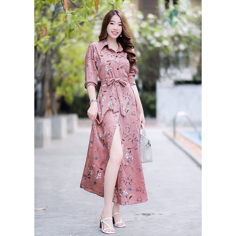 kudapyเดรสยาวสีชมพู/นา้ำตาล/เหลือง/กรม เชิ้ตแขนยาว ลายดอก งานเชิ้ตแต่งคอปกกระดุมช่วงหน้ายาว
