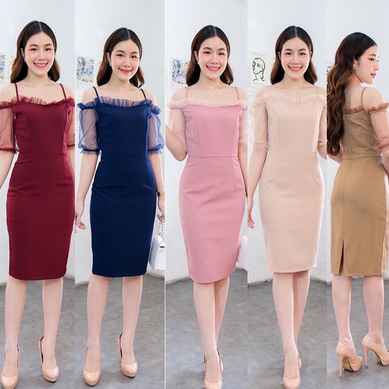 kudapy เดรสสั้นสีครีมนู๊ด กรม แดง ชมพู น้ำตาล สายเดี่ยวเปิดบ่า แต่งจีบตาข่าย แขนสามส่วนพรางๆ ซิบหลัง ใส่ง่าย น่ารักสุด