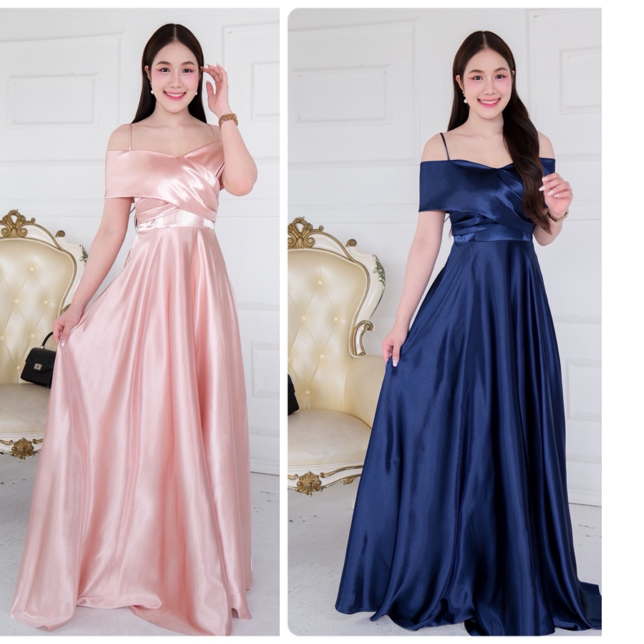 kudapy เดรสยาว เปิดบ่า สายเดี่ยวอกไขว้ กระโปรงบานเจ้าหญิง ผ้าซาติน ใส่ออกงานสวยดูดี