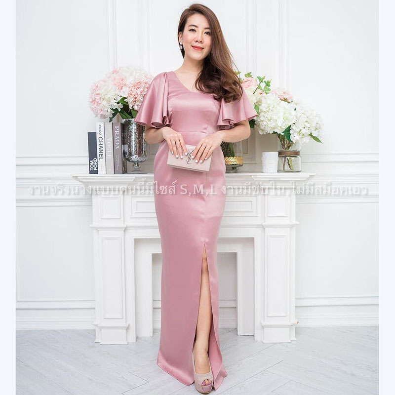 kudapy เดรสยาวแขนระบายเลเยอร์สีฟ้า/สีทอง ชุดไปงานแต่งงาน เรียบหรู สวยๆ ดูดี