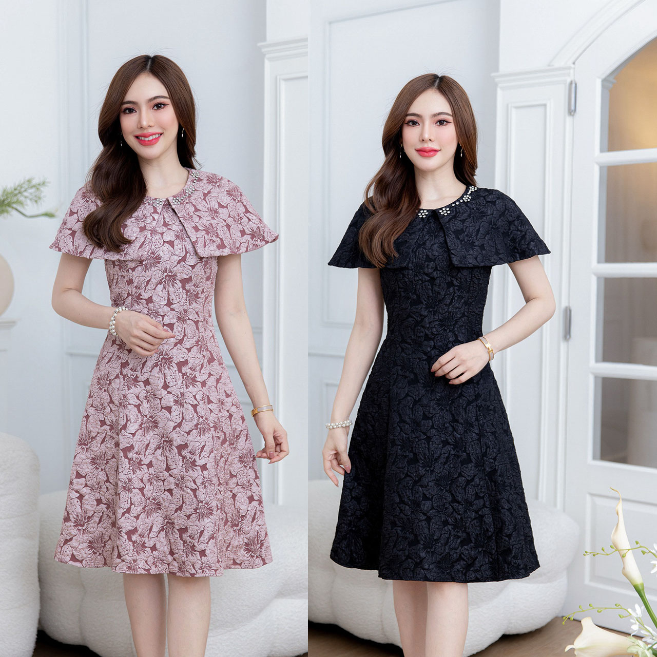 kudapy เดรสผ้าแจ็คกาด สวยหรู มีดีเทลตอกเพชรช่วงคอ เป็นทรงคลุมไหล่