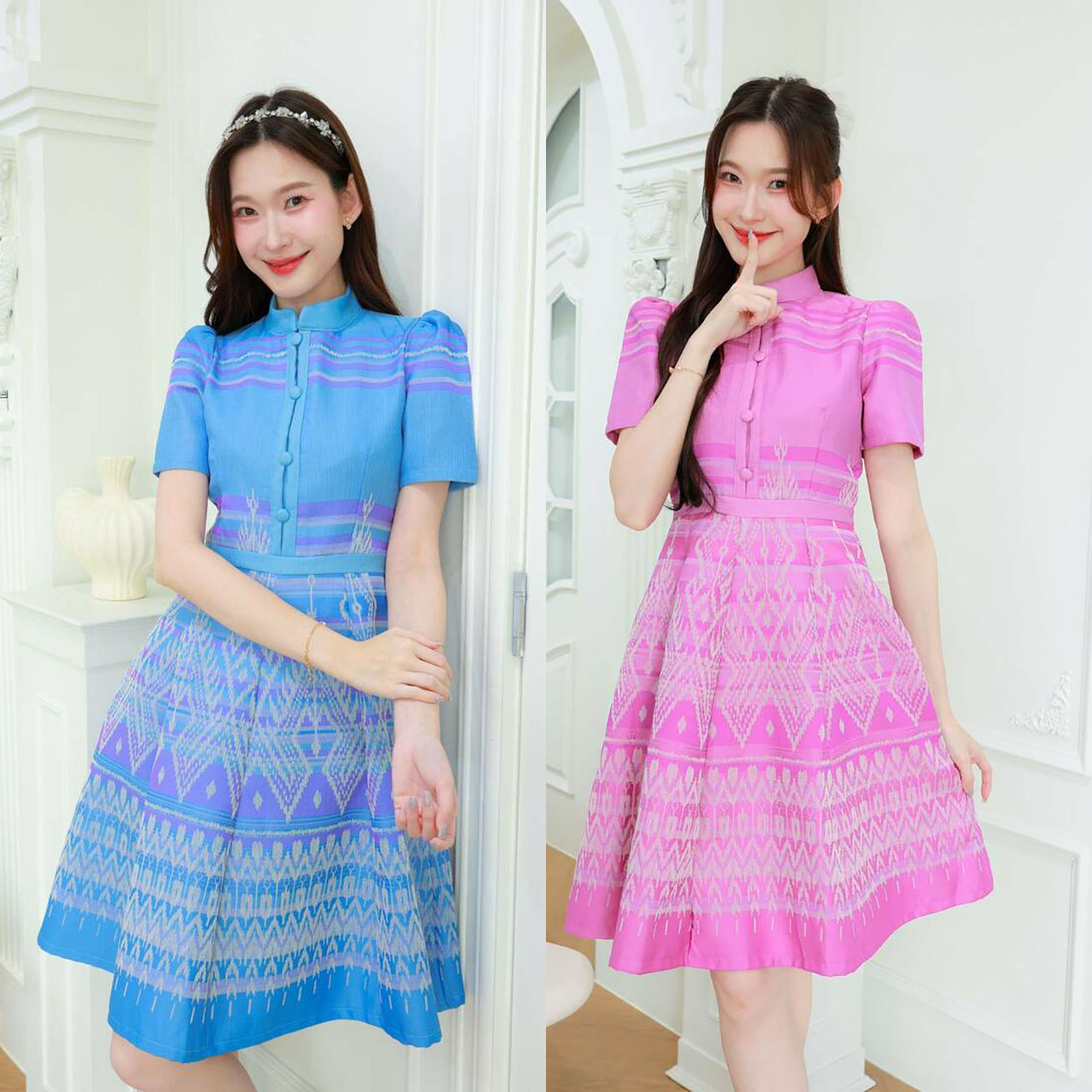 kudapy เดรสคอจีนแต่งกระดุมจีนพิมพ์ลายไทยประยุกต์