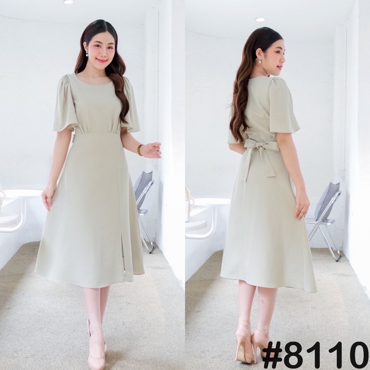 kudapy เดรสสั้นสีขาว,ชมพู,แดง,เขียวพิตาชิโอ้,ครีมนู้ด,ส้มโอรส คอกลม ไหล่จับจีบแขนทรงกระดิ่ง มีริบบิ้นเอวผูกโบว์หน้า/หลัง