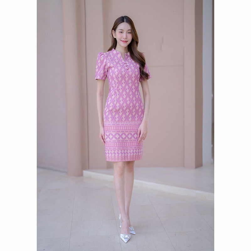 kudapy เดรสสั้นสีเทา/สีกรม/สีชมพู ผ้าไทยคอปีนลายขอ