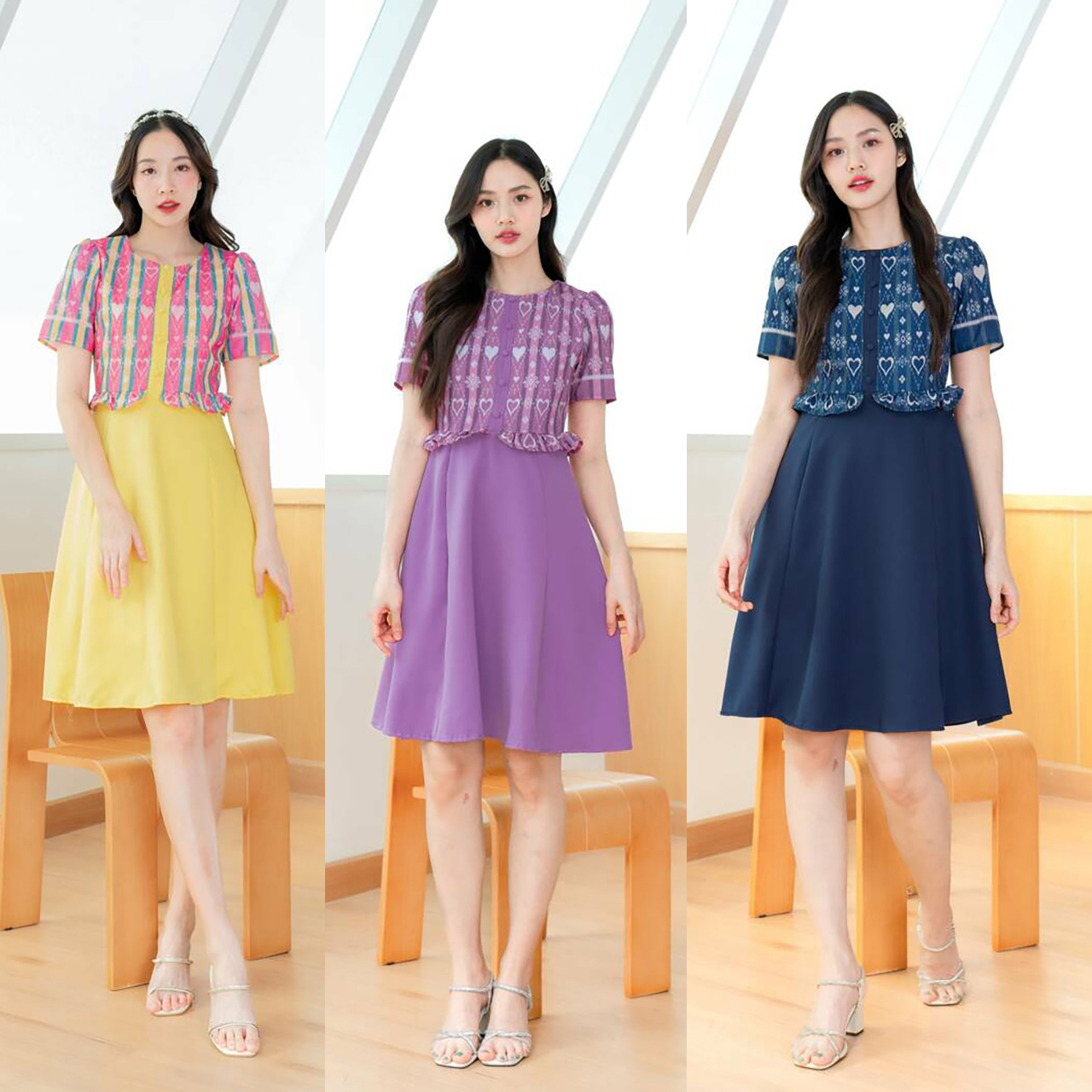 kudapy เดรสสั้นสีกรม/สีม่วง/สีเหลือง กระโปรงสีพื้นแต่งเสื้อลายไทย