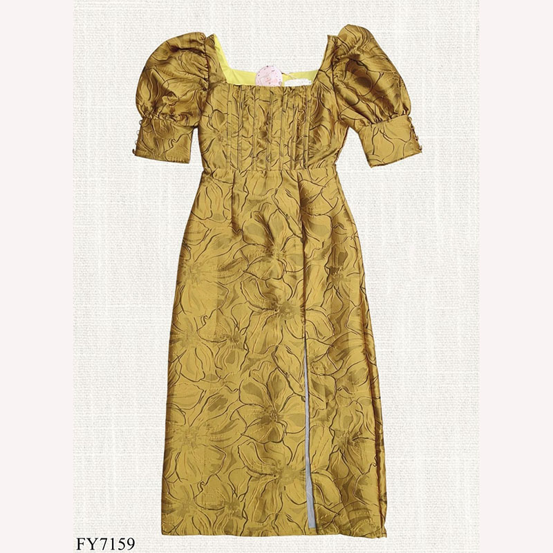 kudapy เดรสยาวสีชมพู/สีแดง/สีเหลือง ผ่าหน้าแขนตุ๊กตา สวยดูดีใส่สบาย