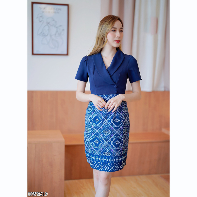 kudapy เดรสสั้นสีเหลือง/สีม่วง/สีกรม ปกสูทลายไทยสวยดูดีน่ารัก