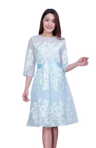 เดรสสั้นลูกไม้สีฟ้า ใส่ไปงานไหนก็ดูไฮโซ เก็บทรงสวยมาก ดีเทลแขน 4 ส่วน
