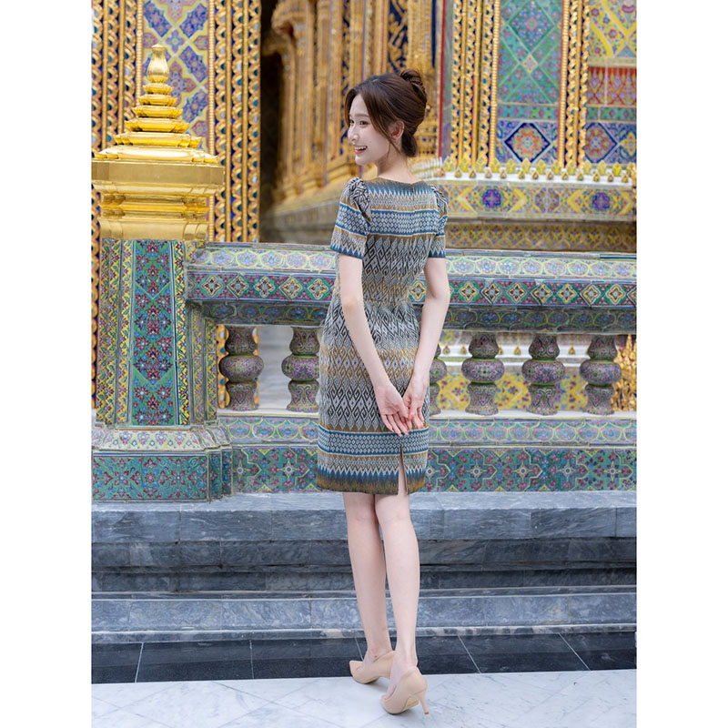 kudapy เดรสสั้นสีเหลือง/สีม่วง ผ้าทอทรงสอบ แต่งกระดุมหน้า ผ้าลายสวย ใส่สบาย ใส่ออกงาน ใส่ทำงานดูดี