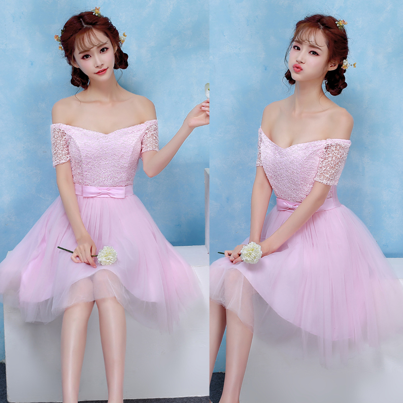 kudapy ชุดราตรีสั้นสีม่วง/สีชมพู เปิดไหล่ แขนสั้น ช่วงบนเป็นผ้าลูกไม้ ทรงสวยมาก