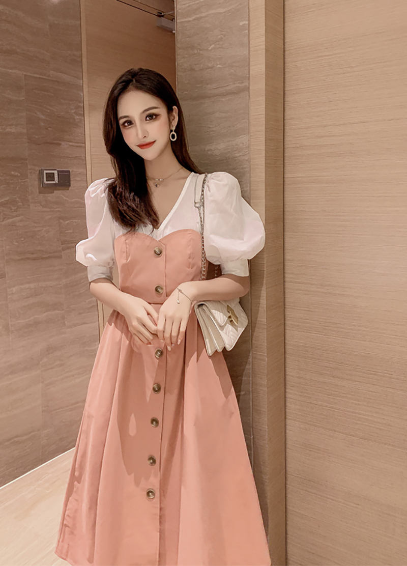 เดรสยาวคลุมเข่าสีชมพู ผ้าคอตตอนเนื้อดี ดีไซน์ตัดเย็บเหมือนใส่ 2 ชิ้น M