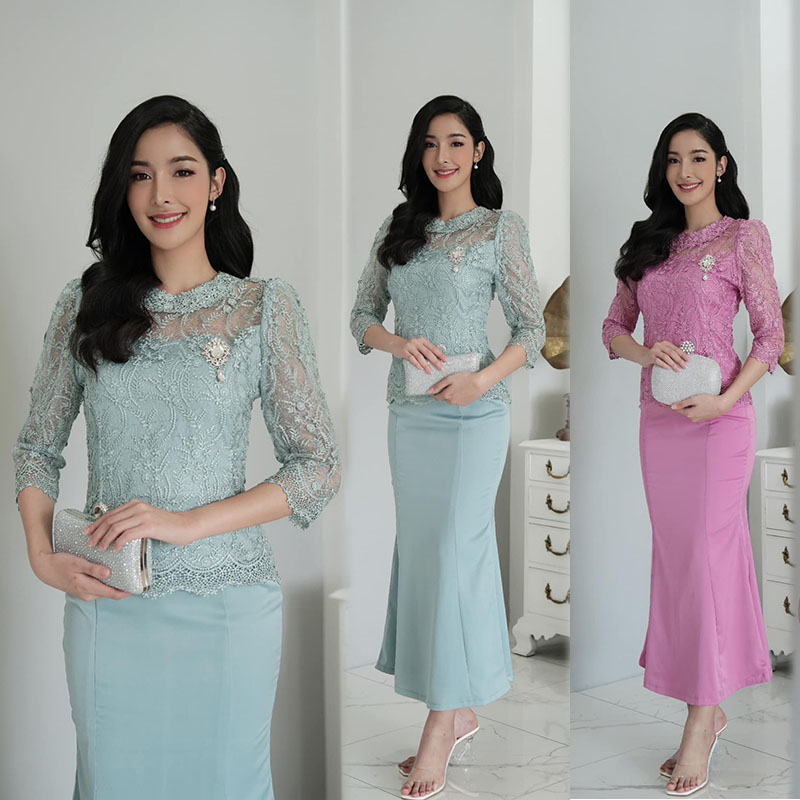 kudapy set เสื้อลูกไม้สีเขียวมินท์/สีชมพูกลีบบัว ผ้าลูกไม้ใยบวบ+กระหางปลางานผ้าวาเลนติดโน่