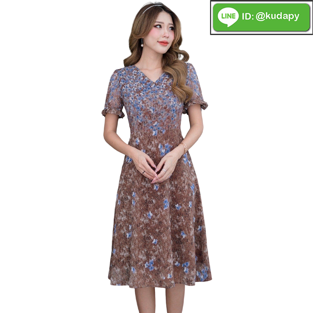 kudapy เดรสสั้นผ้าชิฟฟ่อนสีน้ำตาล สีเขียว พิมพ์ลายดอกไม้ไล่สี เดรสสั้นคอวี แขนสั้นให้ดูสวยหวานค่ะ งานผ้าพริ้วใส่สบาย