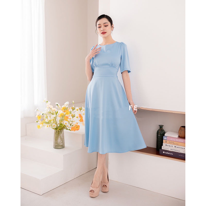 kudapy เดรสสั้นสีเขียว/สีน้ำตาล/สีฟ้า/สีชมพู กระโปรงบาน แขนสั้น ทรงรุ่นนี้ใส่แล้วสวยหวาน