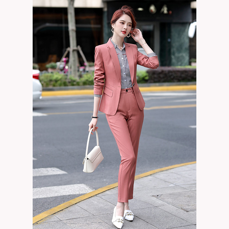 kudapy ชุดสูททำงานผู้หญิงสีแดง อมชมพูลายทางปกป้านพร้อมกางเกง