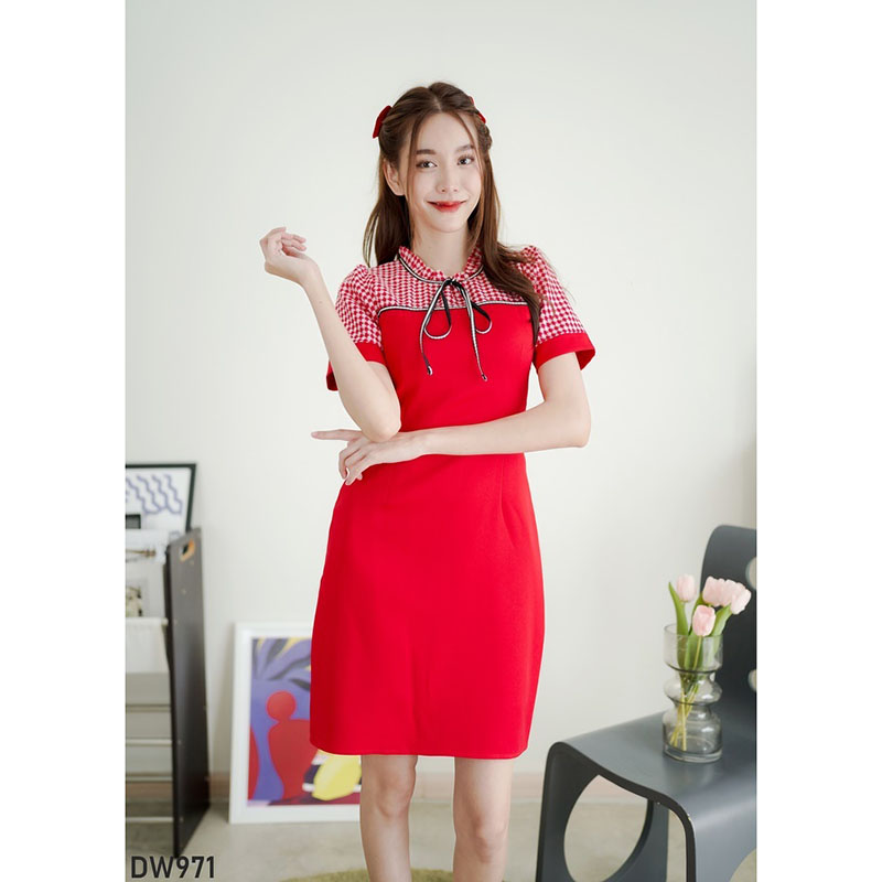 kudapy เดรสสั้นสีแดง/สีชมพู/สีดำ สก็อตผูกโบว์ สวยดูดีใส่สบาย