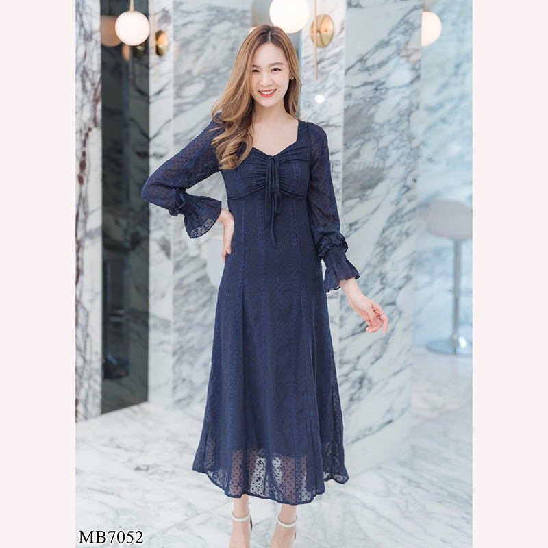 kudapy เดรสยาวสีกรม/สีขาว/สีชมพู แขนยาวลูกไม้ซีทรู สวยดูดีใส่สบายตัว