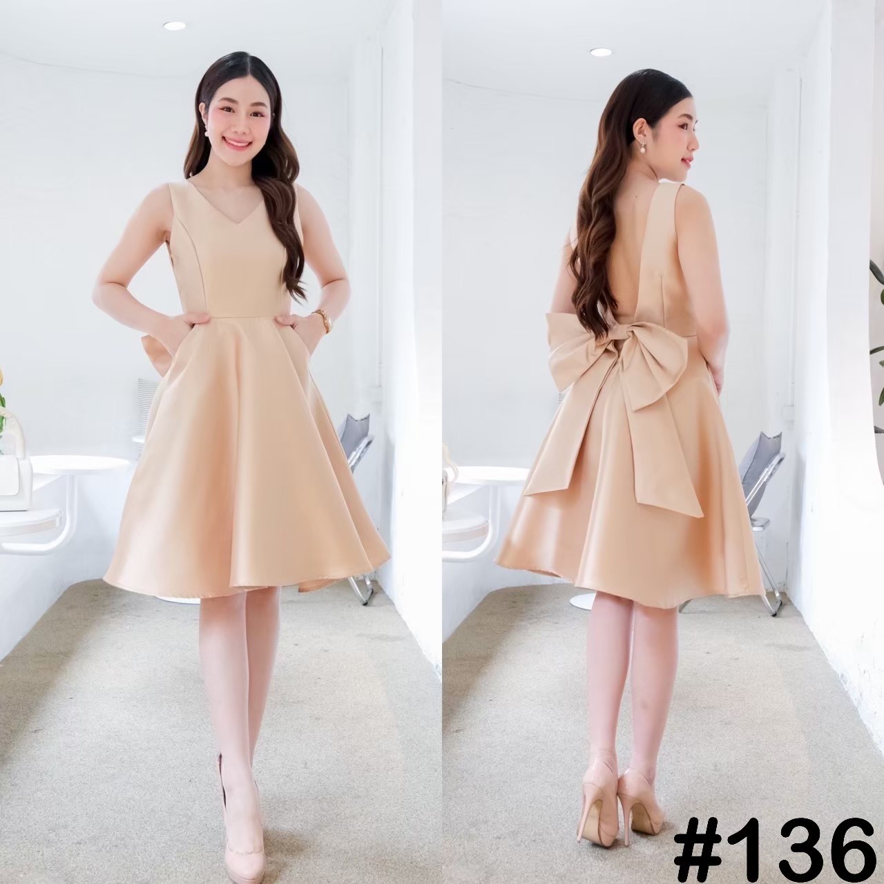 kudapy เดรสสั้น คอวี แต่งโบว์หลังยักษ์ ทรงกระโปรงฟรีสะโพก มาพร้อมกระเป๋าข้าง