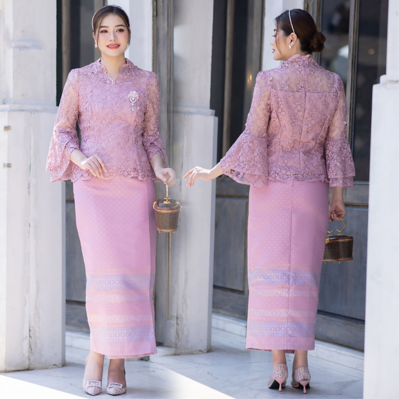 kudapy ชุดออกงาน เสื้อลูกไม้ฝรั่งเศสดอกลอย ผ้าถุง ทอลาย เย็บสำเร็จ