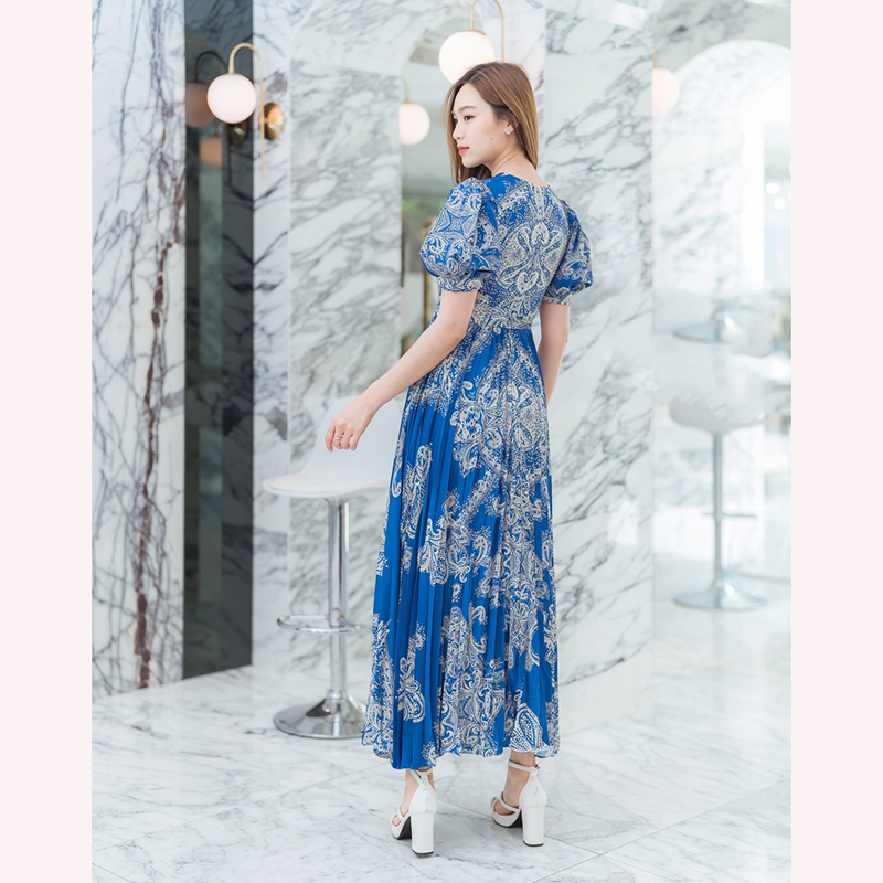 kudapy เดรสยาวสีชมพู/สีกรม กระโปรงอัดพลีทลายโรมัน+เชือก