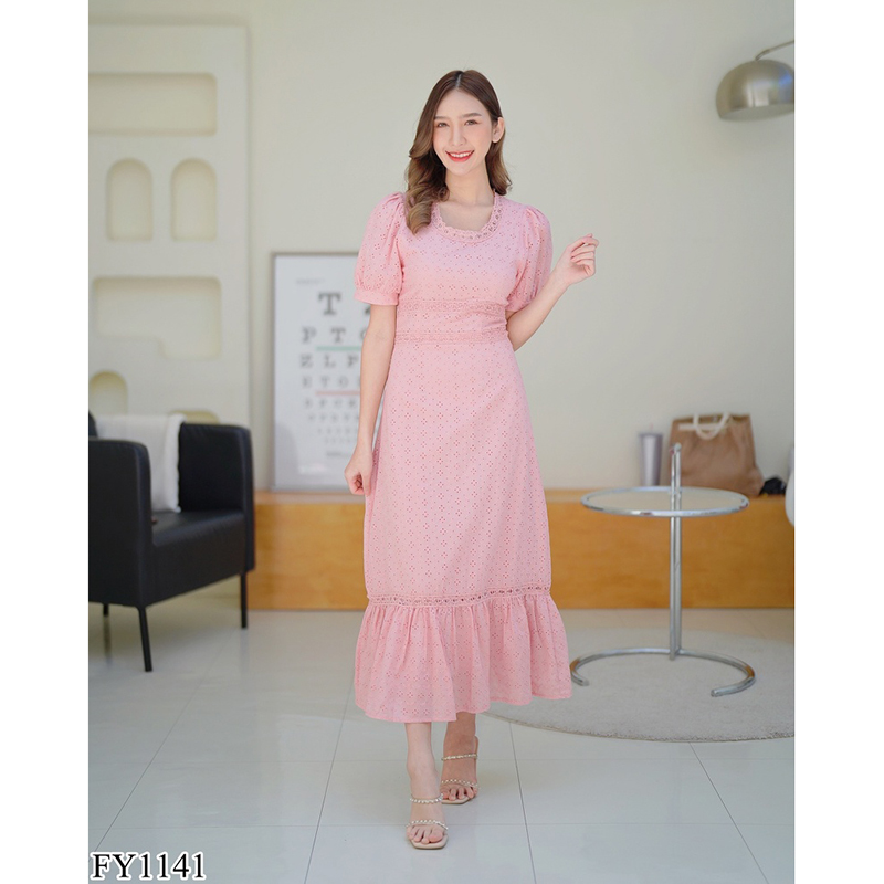 kudapy เดรสยาวสีขาว/สีชมพู เดรสออกงานผ้าฉลุแขนตุ๊กตา ใส่สบายสวยดูดีมากๆ