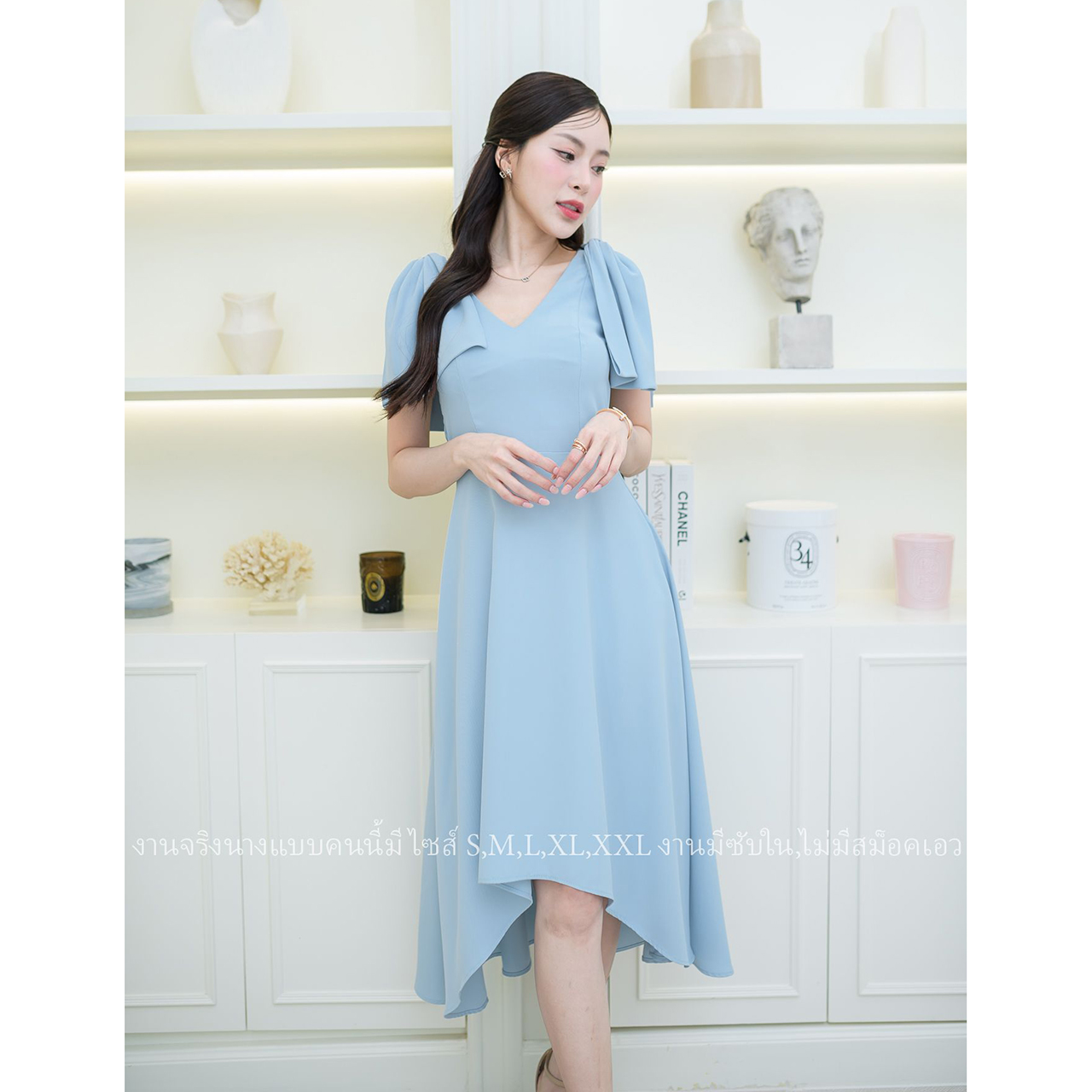 kudapy เดรสหน้าสั้นหลังยาวแต่งโบว์ไหล่สีฟ้า/สีขาว งานสวยมีซับในซิปหลัง