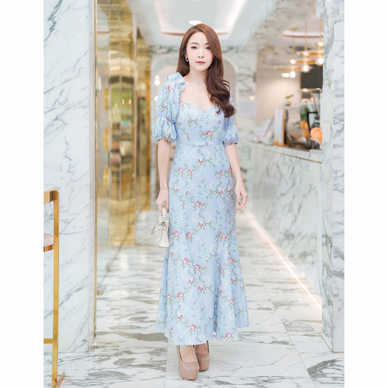 kudapy เดรสยาวสีฟ้า คอกว้างแขนตุ๊กตาสวยใส่สบายดูดี