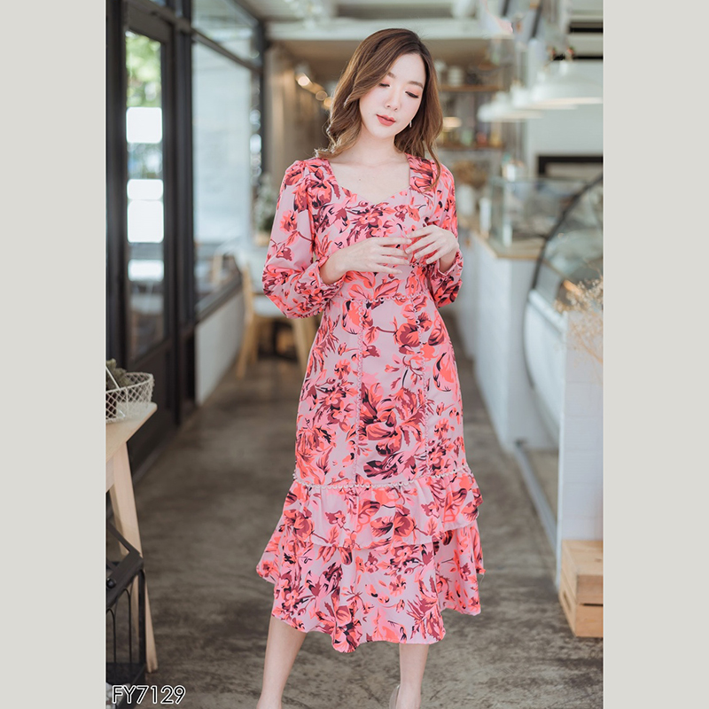 kudapyเดรสสั้นสีชมพู/ม่วง แขนยาวลายดอกไม้สวยดูดีน่ารัมากๆ