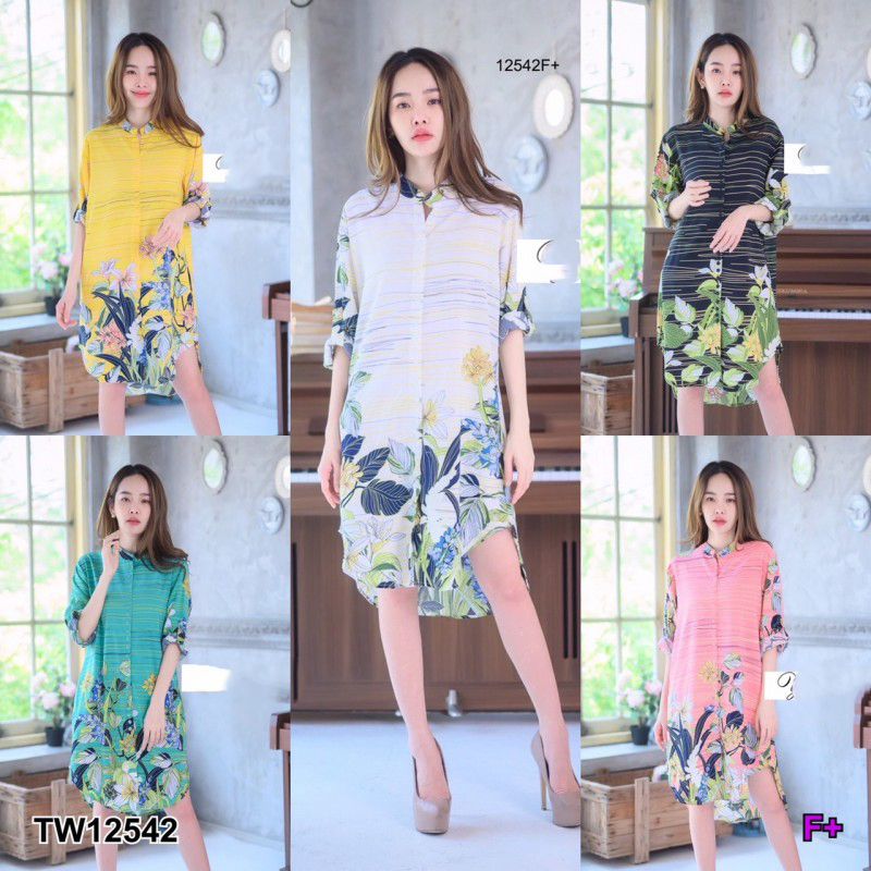 kudapy เดรสเชิ้ตคอจีนแขนยาว กระดุมหน้ายาว มีกระเป๋าล้วงข้าง เนื้อผ้าไหมเกาหลีพิมพ์ลายดอกไม้