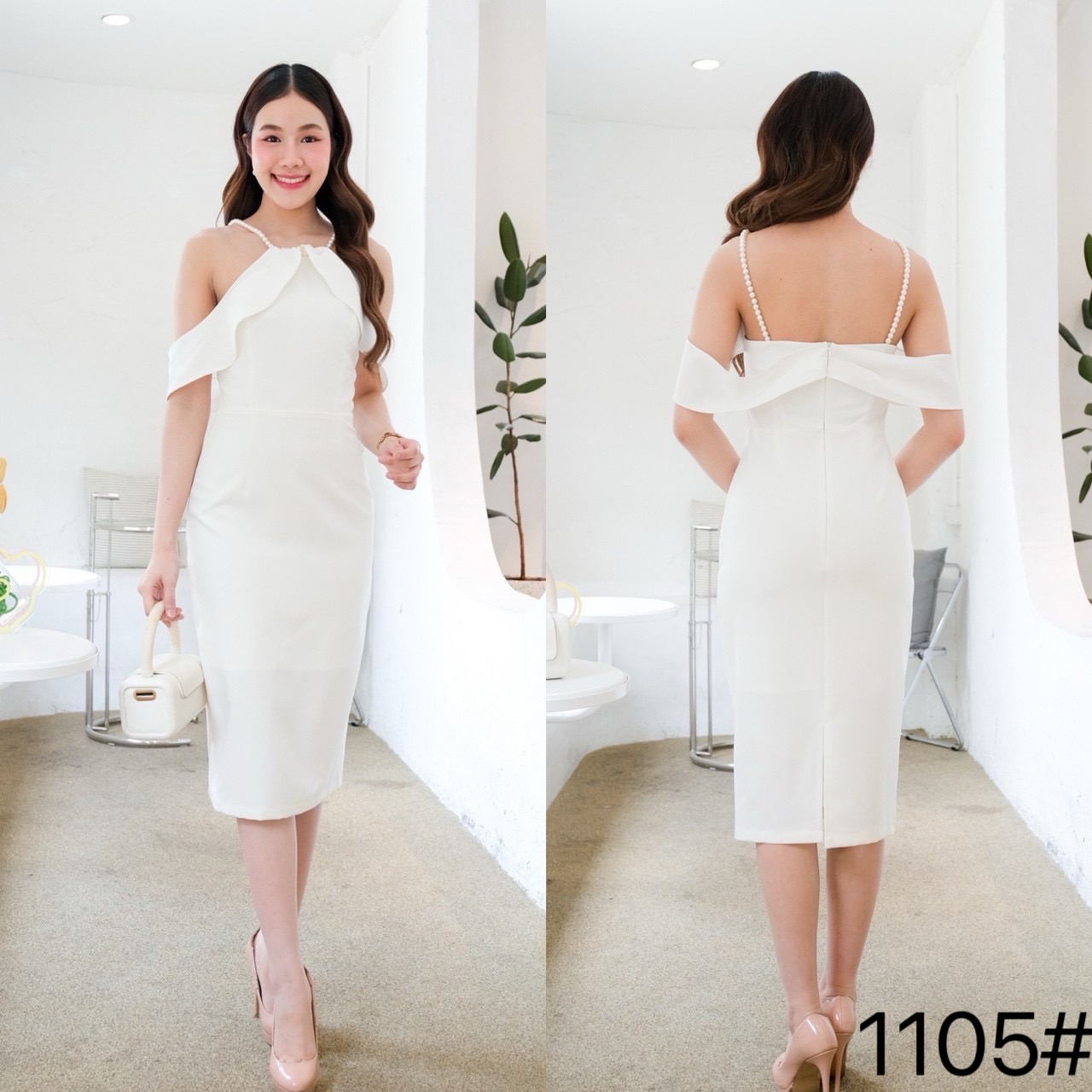 kudapy เดรสสั้น ทรงสอบ เว้าบ่า แต่งสายมุก กระโปรงสอบทรงดินสอ เก็บทรง ผ่าหลัง