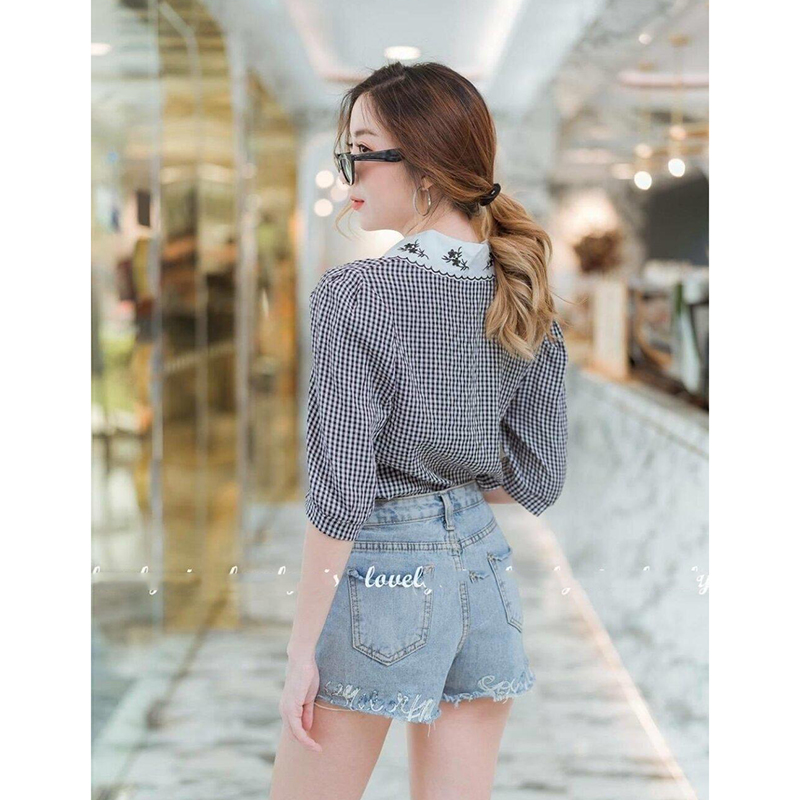 kudapy เสื้อลายสกอตแขนศอกสีขาวดำ แต่งปกปักลาย งานน่ารักมาก