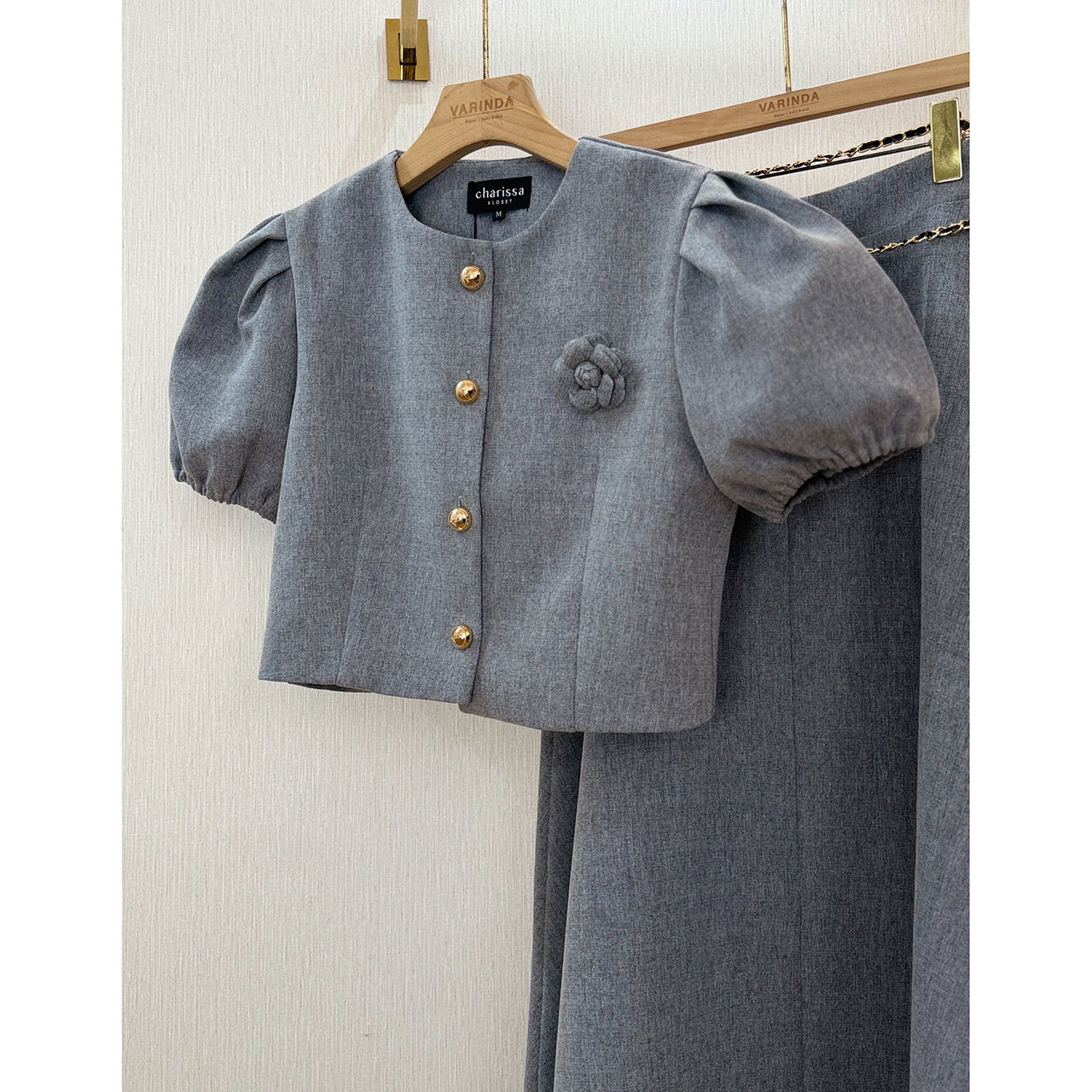 kudapy เซ็ทเสื้อแขนตุ้กตา เสื้อ กระโปรงเอวสูง เข็มกลัดดอกไม้ เข็มขัดโซ่