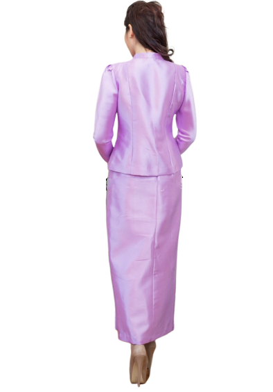 ชุดไทยจิตรลดาสีม่วง เซ็ท 2 ชิ้น เสื้อผ้าไหมกระดุมหน้า + พร้อมกระโปรงทรงสอบ