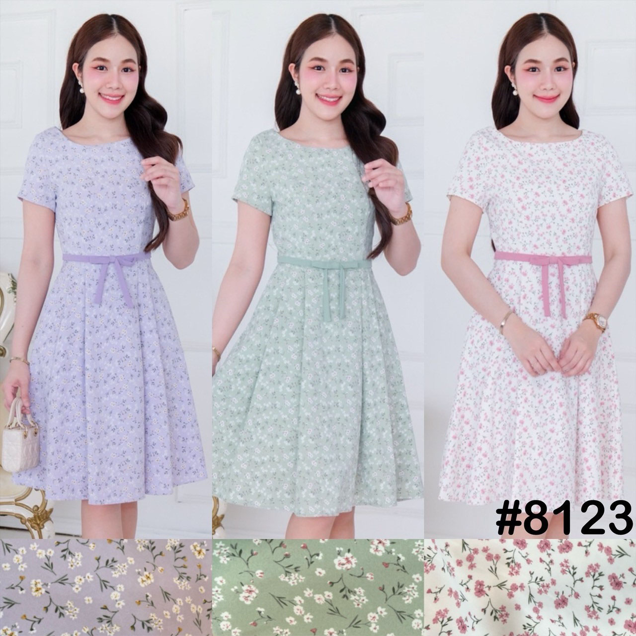 kudapy เดรสสั้นสีม่วง/สีเขียว/สีชมพู คอกลมแขนสั้น จับแมชสีเข็มขัดโบว์ กระโปรงจับจีบเอว ทรงเอ มีกระเป๋าข้าง ซิปหลัง